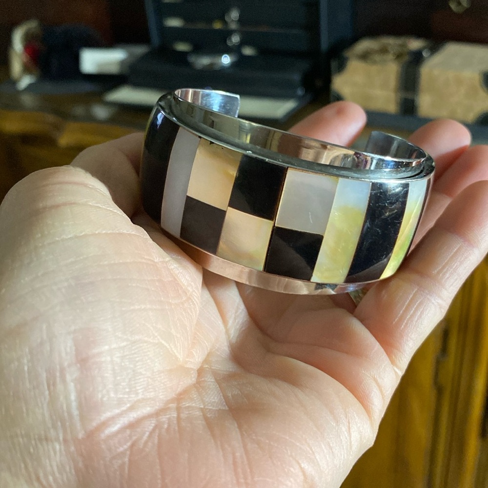 Retro Southwestern Mod Chrome Shell Inlay Cuff... - image 1